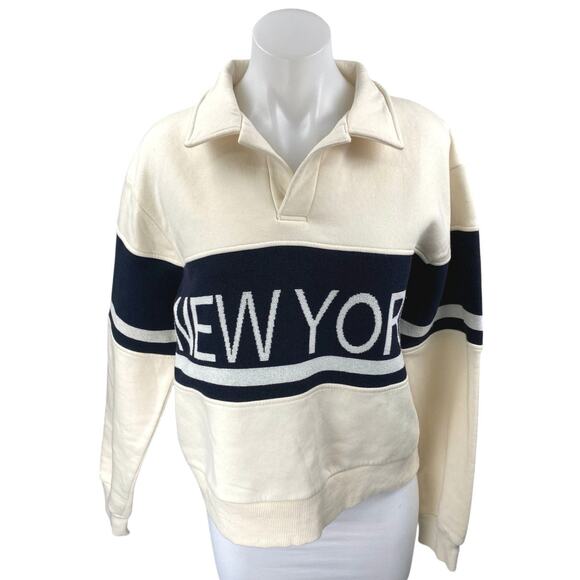 Zara Cream Black New York Long Sleeve Fleece Collared Sweatshirt Sweater Top S - Picture 1 of 5